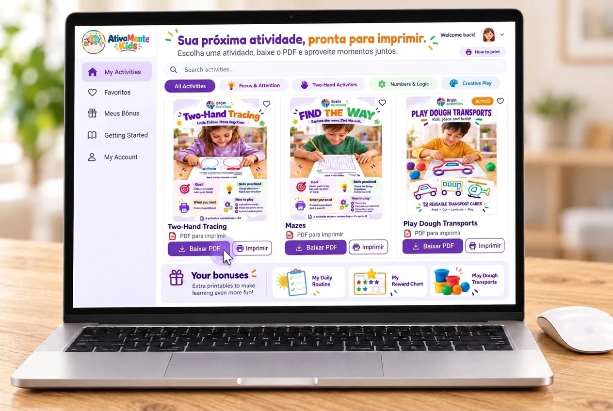 Biblioteca AtivaMente Kids no MacBook: escolha o PDF e imprima